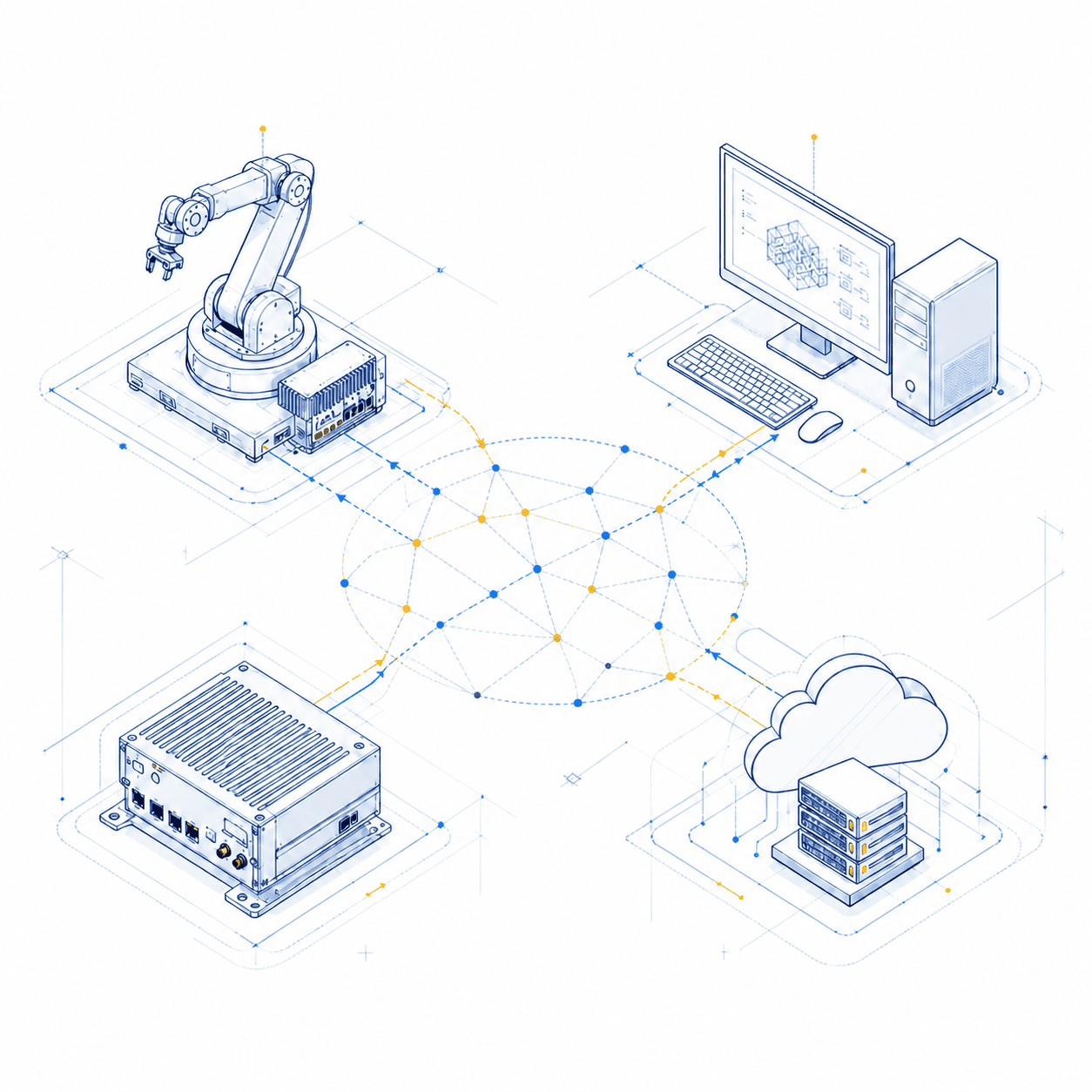 Technical blueprint connecting industrial, application, embedded and infrastructure systems through a brokerless global data space