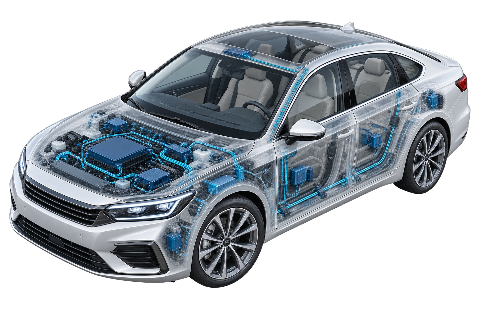Illustrative unbranded vehicle showing distributed onboard electronics